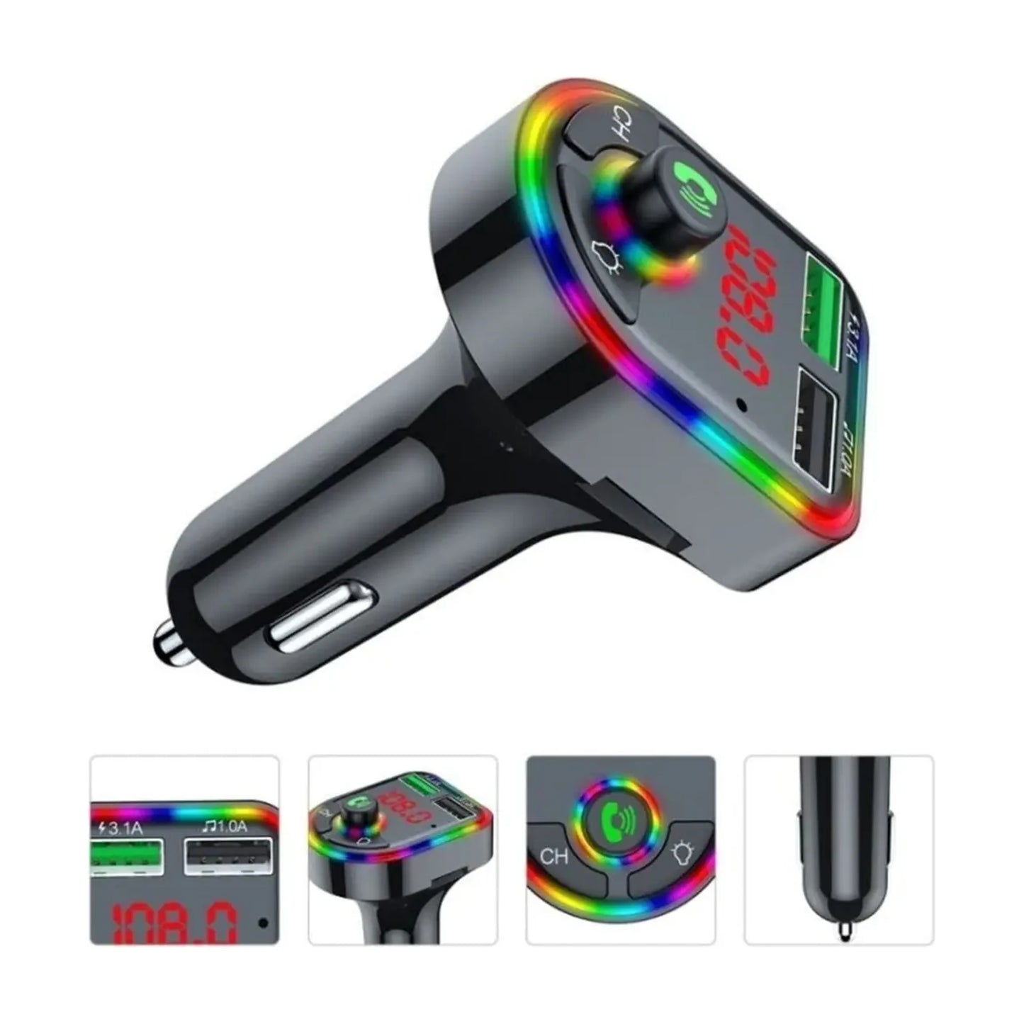 Bluetooth FM Transmitter RGB Işıklı Araç Kiti QC 3.1A Hızlı Şarj Type-C 12-24V - detay gorunum