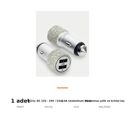 Kristal Metal Araç Şarj Aleti Çift USB-A 2.4A Hızlı Şarj 12-24V - ozellik ozeti