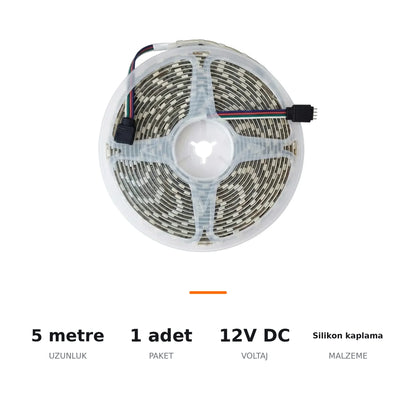 5 Metre Silikonlu RGB Şerit LED Araç İçi Ambiyans Aydınlatma IP65 60 LED 12V - ozellik ozeti