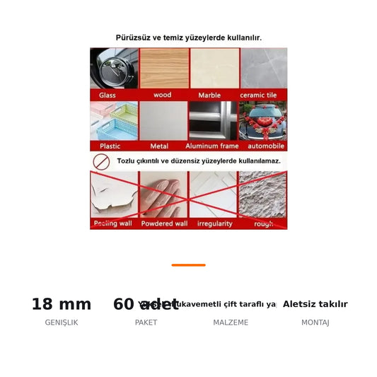 Çift Taraflı Bant Hazır Kesim Yaprak 18x50mm – 60 Adet Paket - ozellik ozeti